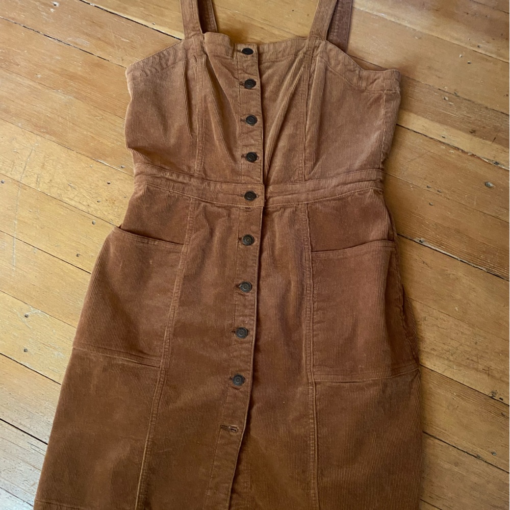 Boho Brown Corduroy Mini Dress Button Front Overall Style Size 10 - Picture 9 of 9